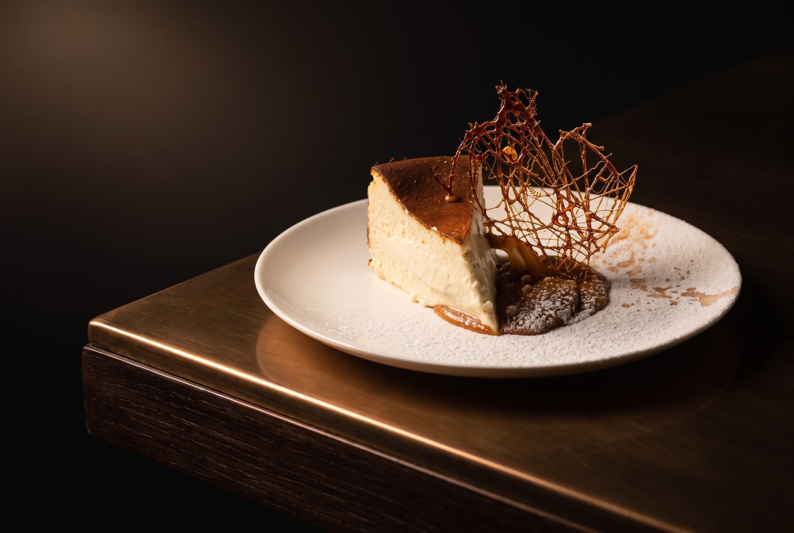 Basque cheesecake al caramello con cialda di zucchero