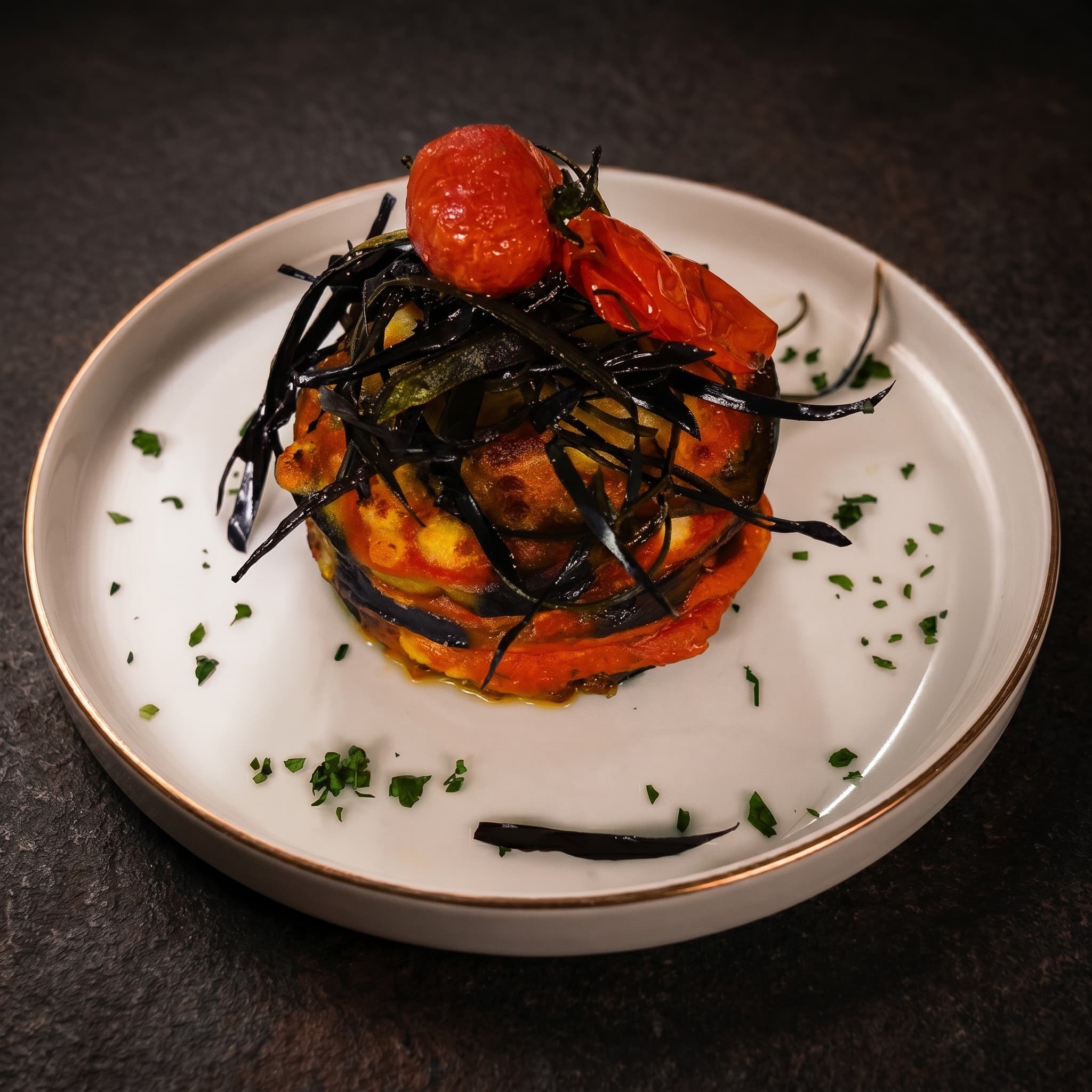 Caponata impiattata a torre con nero di seppia e pomodoro confit