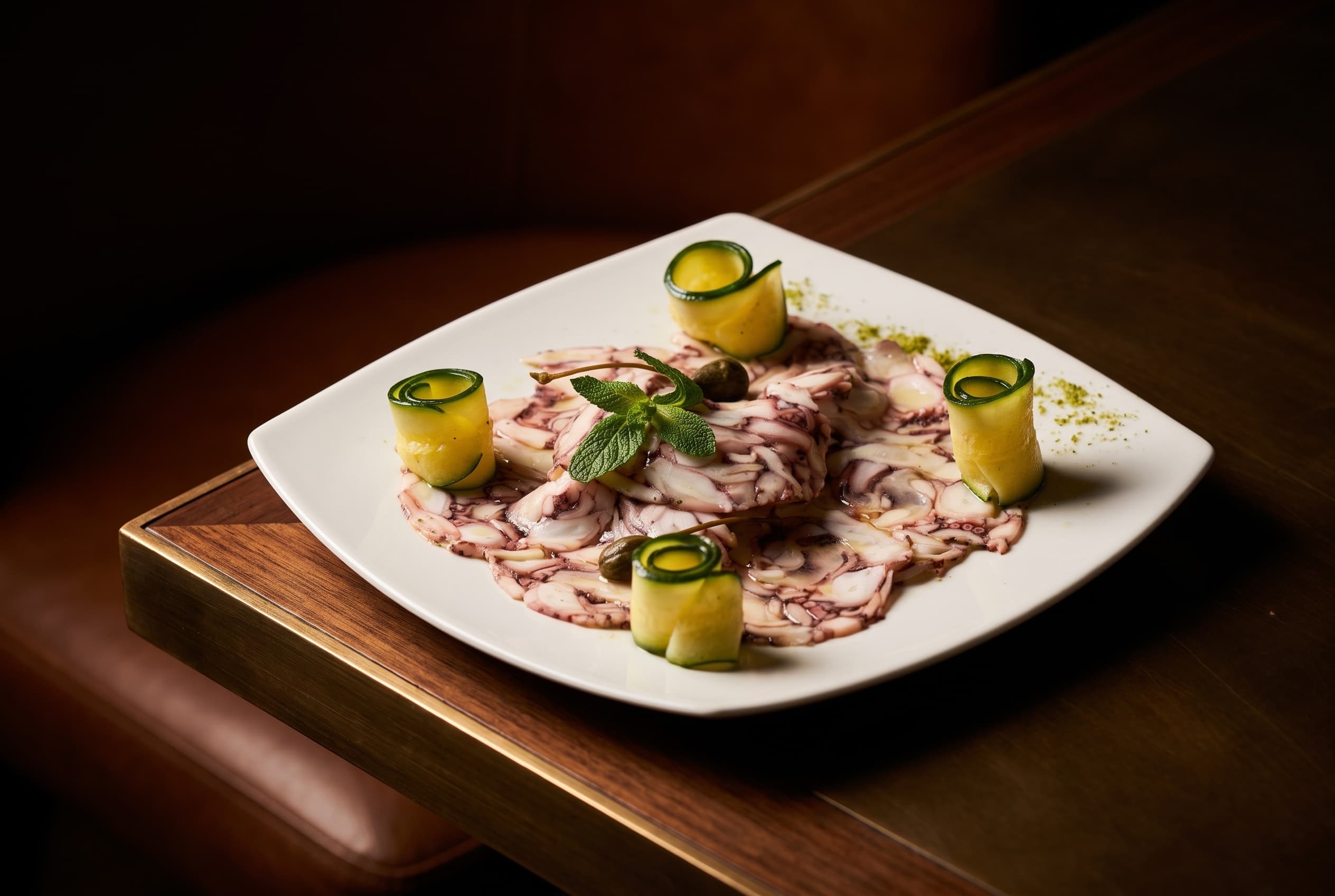 Carpaccio di polpo con zucchine marinate alla menta, citronette e cappero fritto