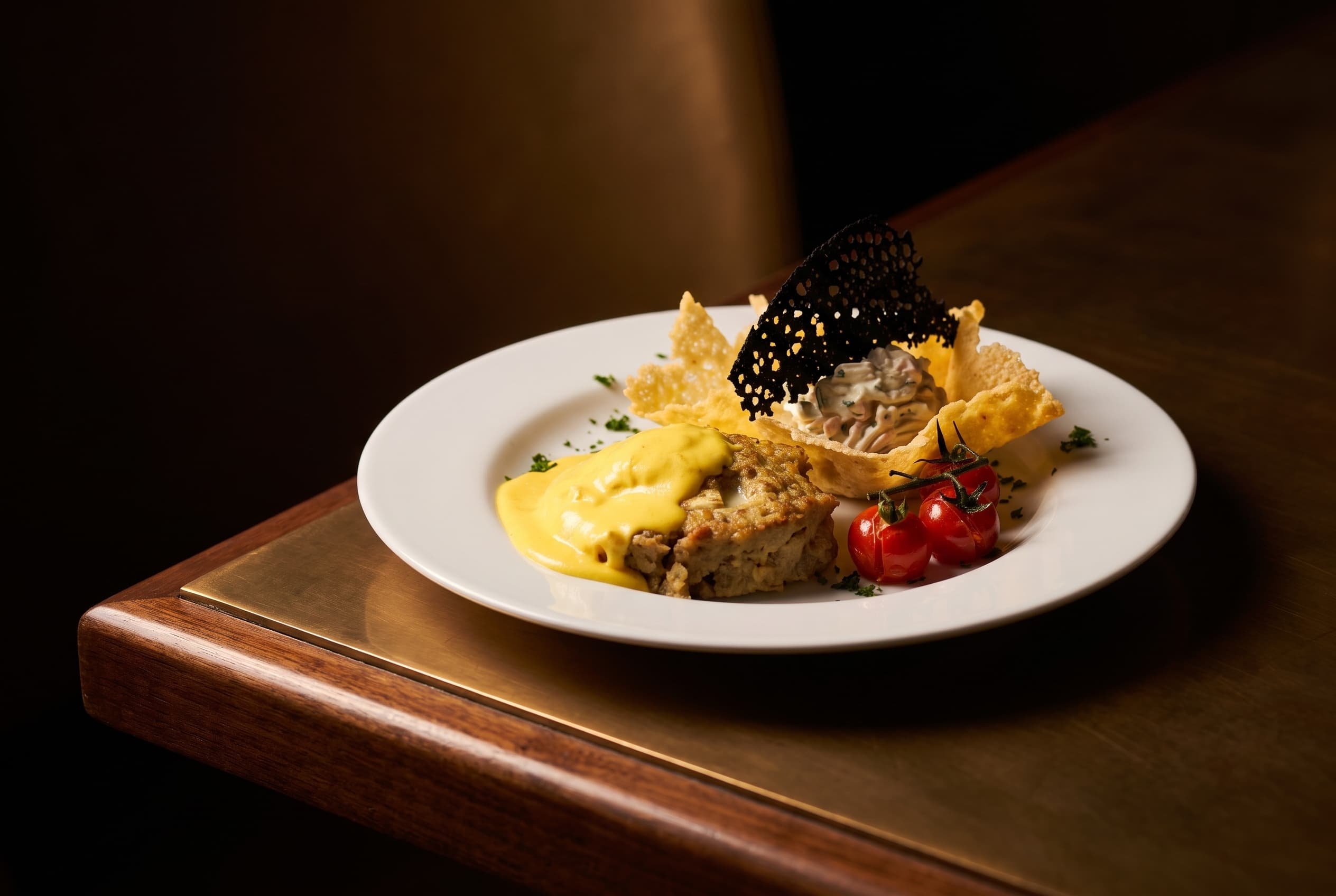 Cialda di parmigiano con spuma di formaggio, corallo al nero, sformato di patate e crema allo zafferano