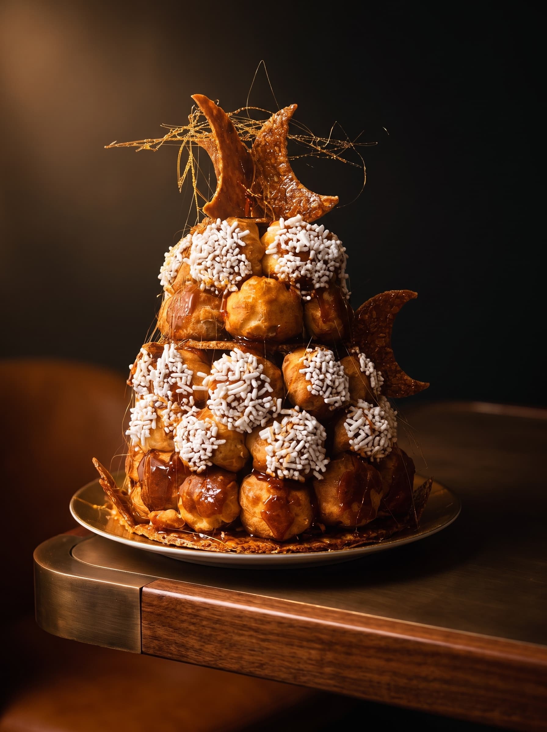 Croquembouche di bignè caramellati con zucchero filato