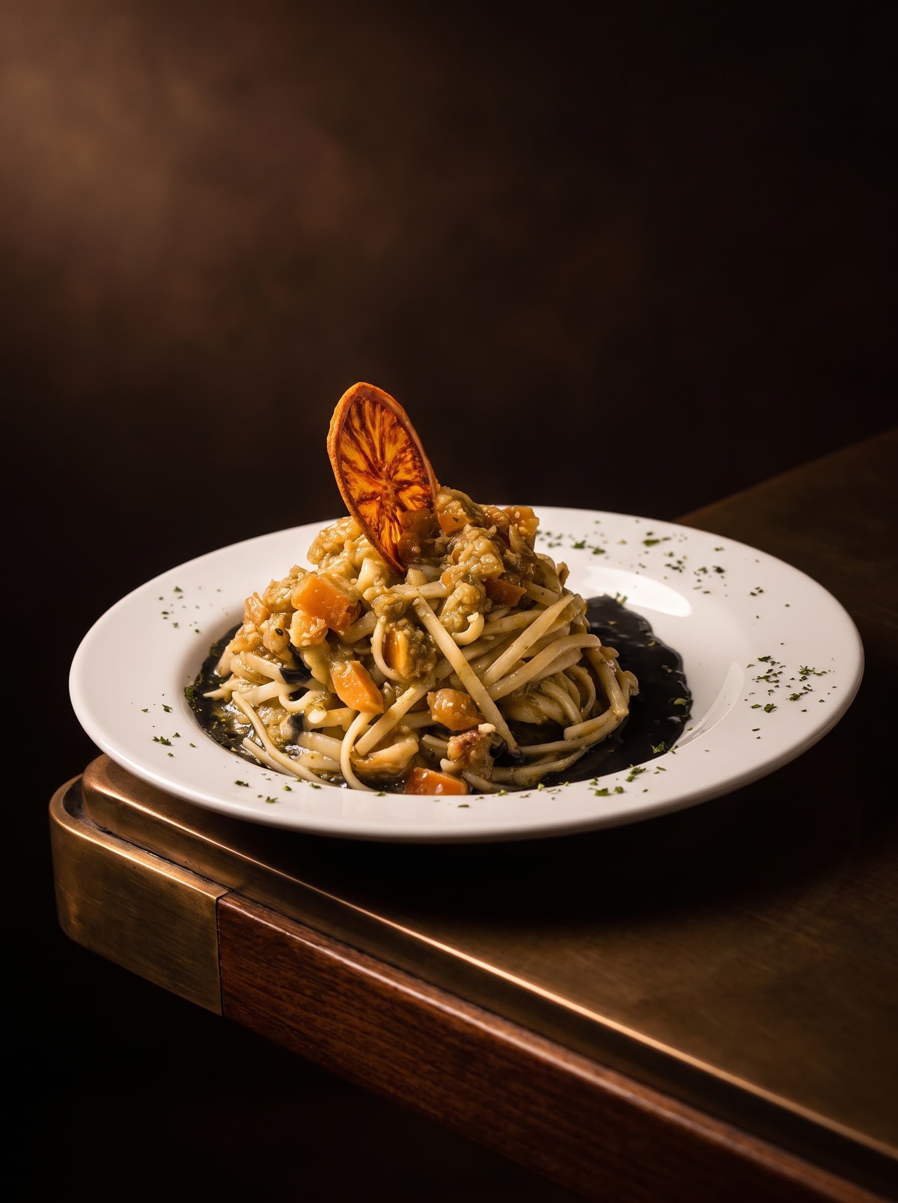 Linguine al pesto con concassé di pomodoro e crema al nero di seppia