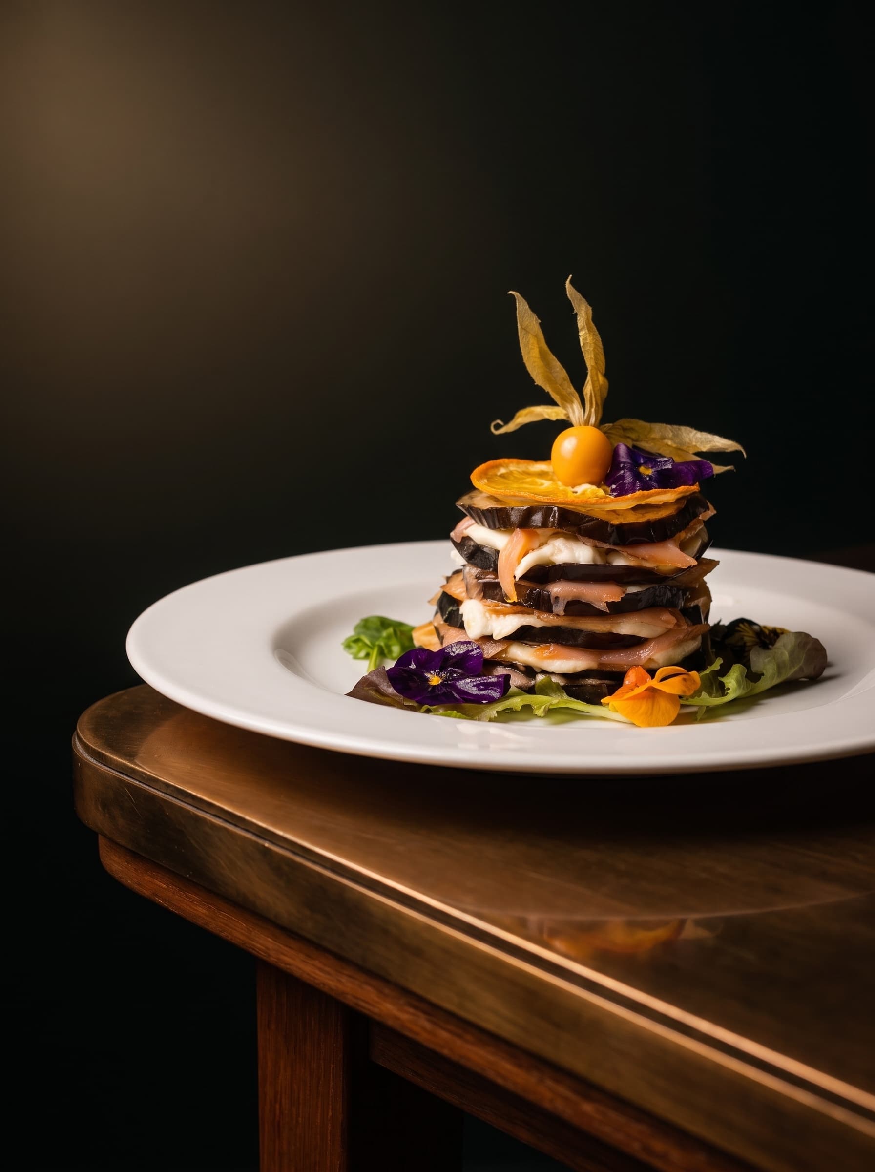 Millefoglie di melanzane con salmone affumicato e bufala