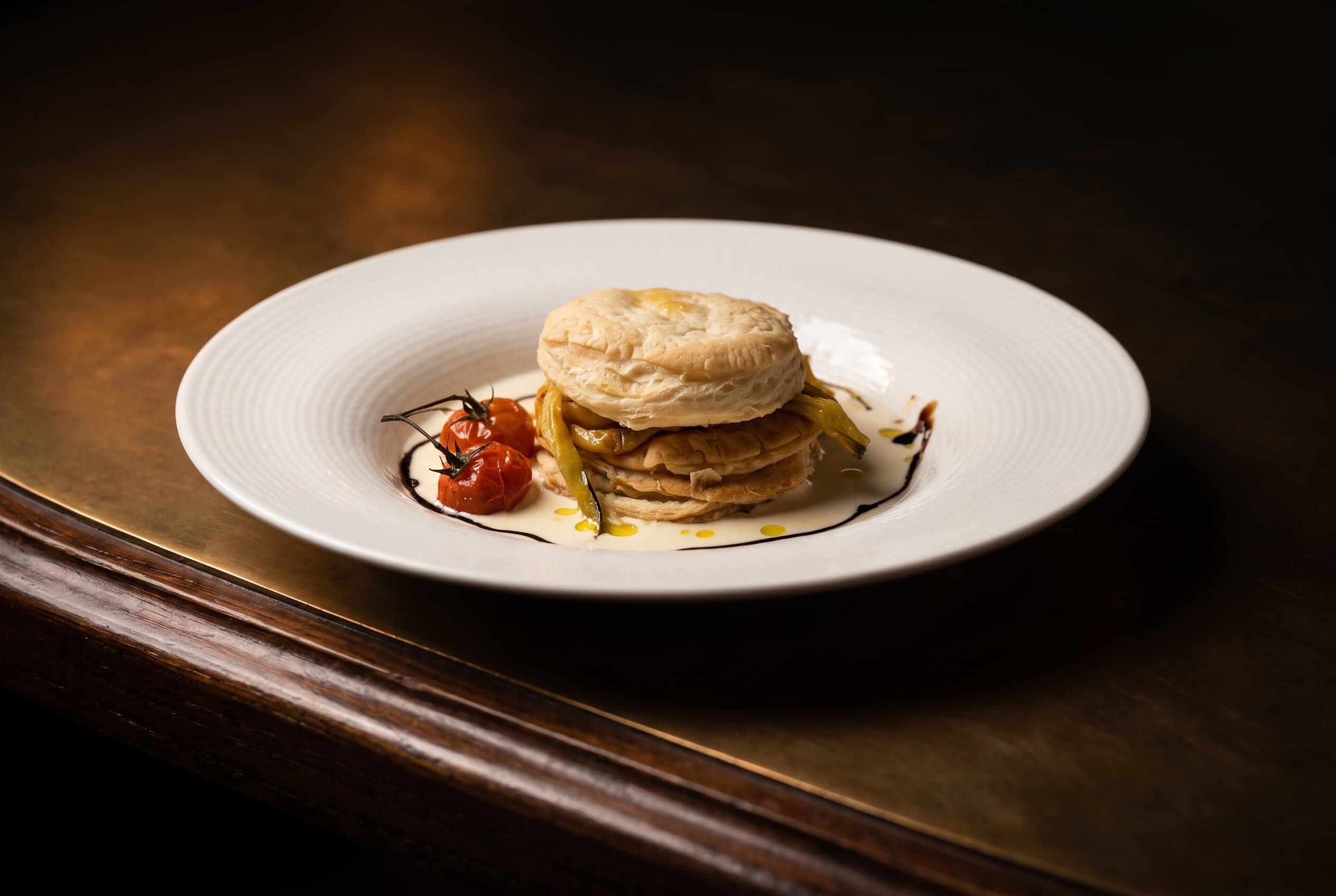 Millefoglie con verdure scottate, pomodorini confit, crema di brie e aceto balsamico
