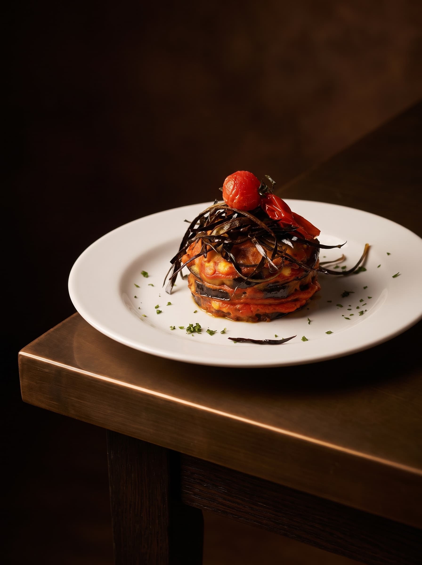 Parmigiana di melanzane impiattata a torre con pomodoro confit
