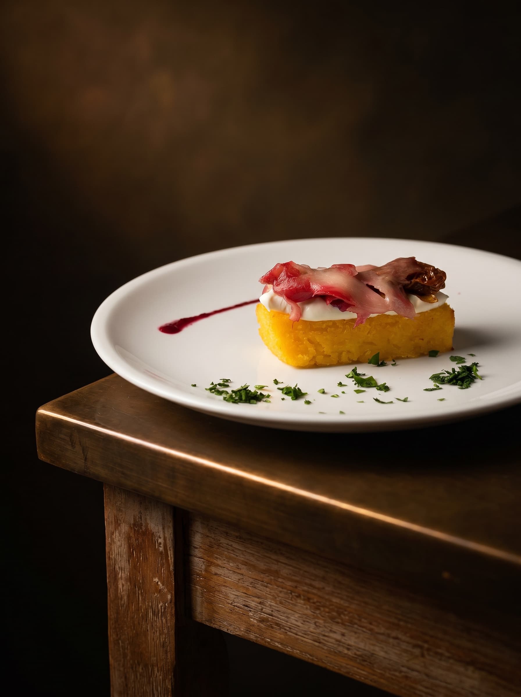 Polenta fritta con spuma di fontina valdostana, pomodoro secco e sgombro marinato alla rapa rossa e arancia