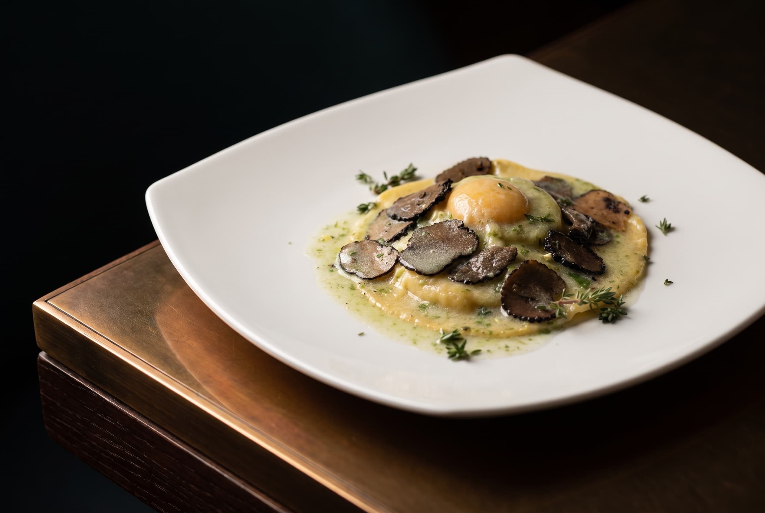 Raviolo fatto in casa farcito con spinaci e ricotta, tuorlo e tartufo nero