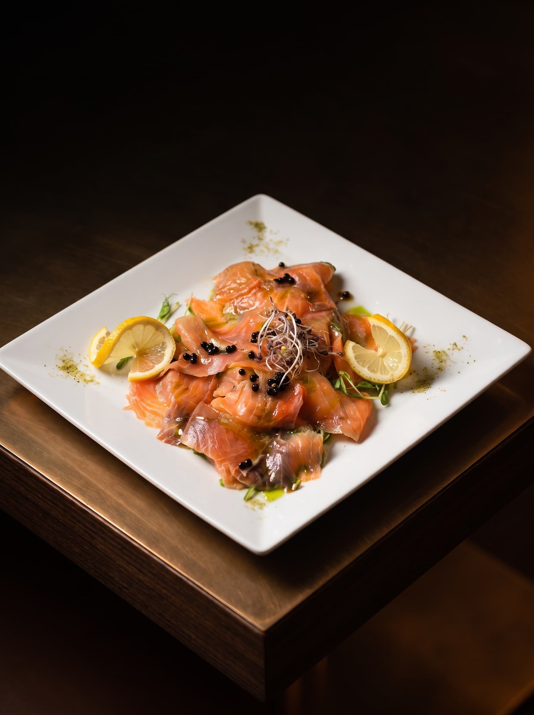 Salmone marinato all'arancio e limone con perle di aceto balsamico e germogli di barbabietola