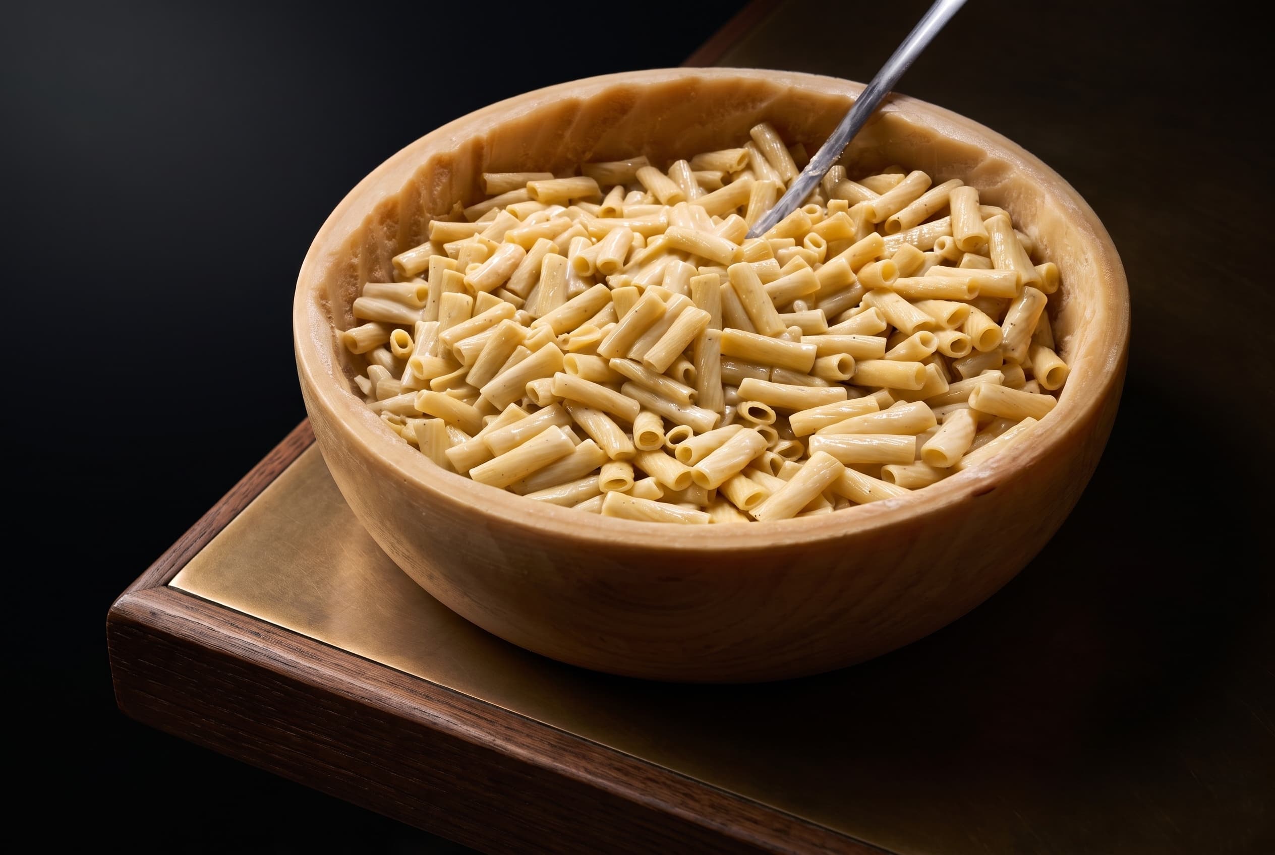 Tortiglioni cacio e pepe mantecati nella forma di formaggio