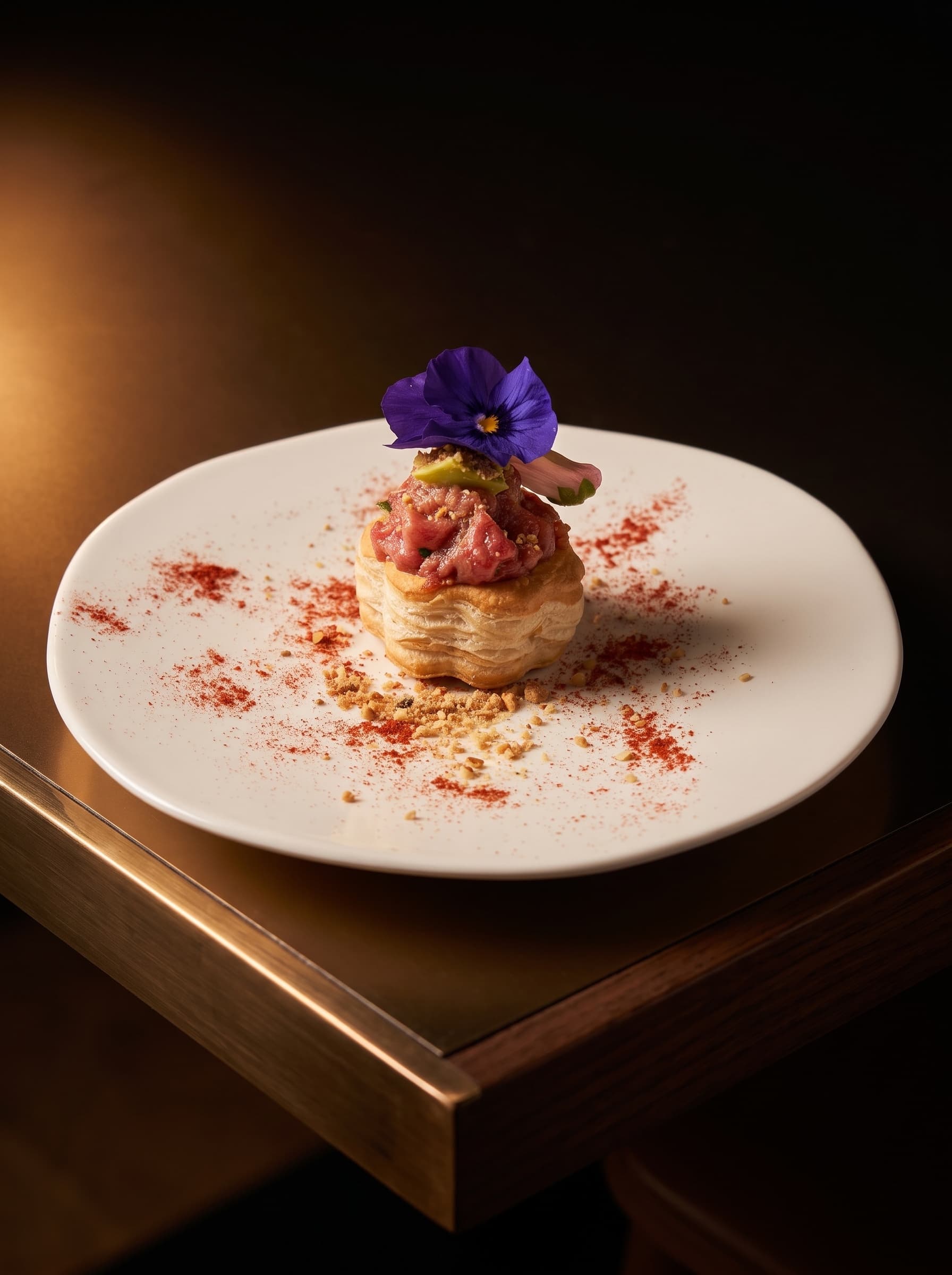 Vol-au-vent farcito con tartare di manzo e avocado e polvere di paprica dolce