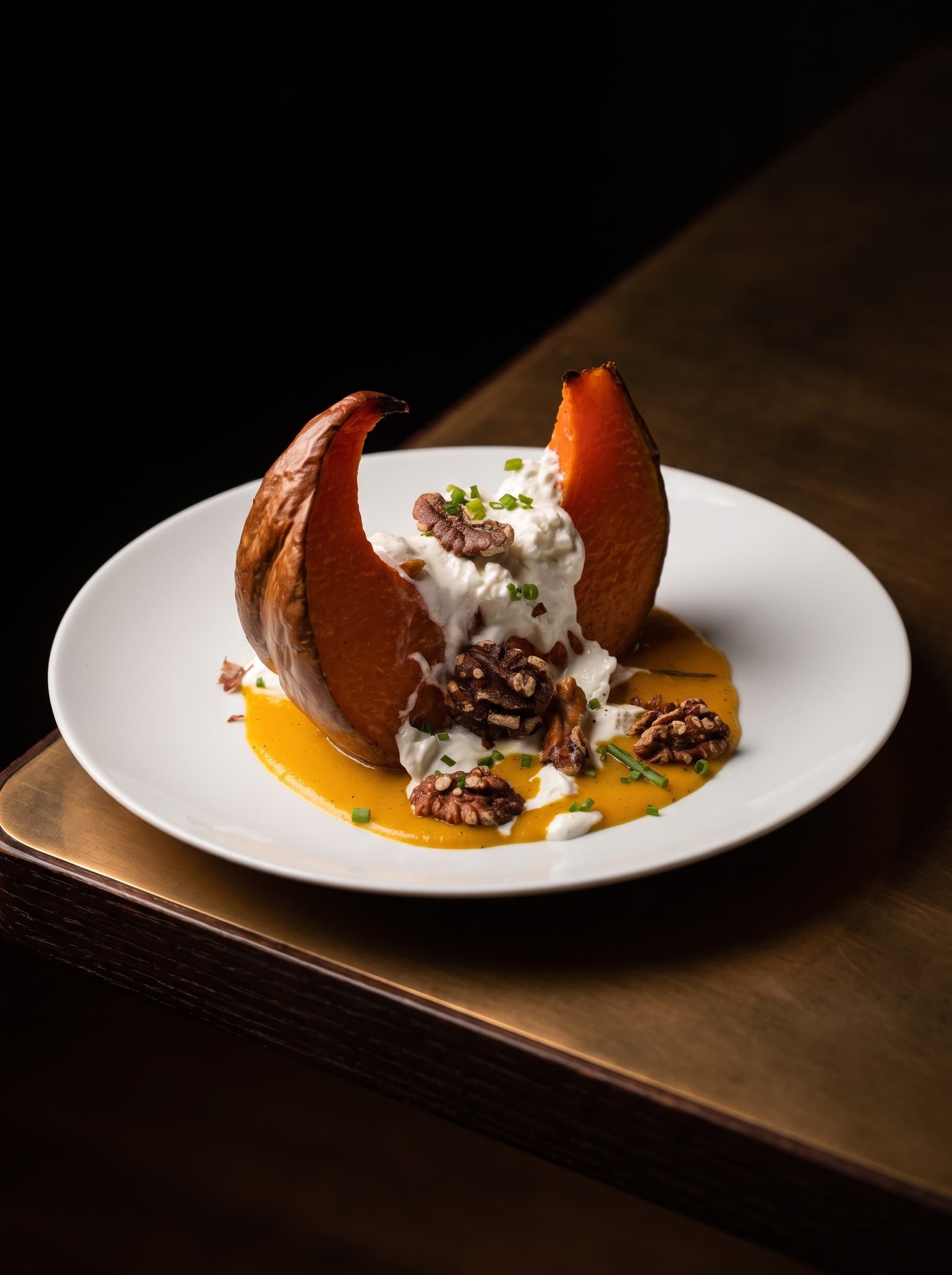 Zucca al forno con stracciatella, crema di zucca e patate e noci tostate